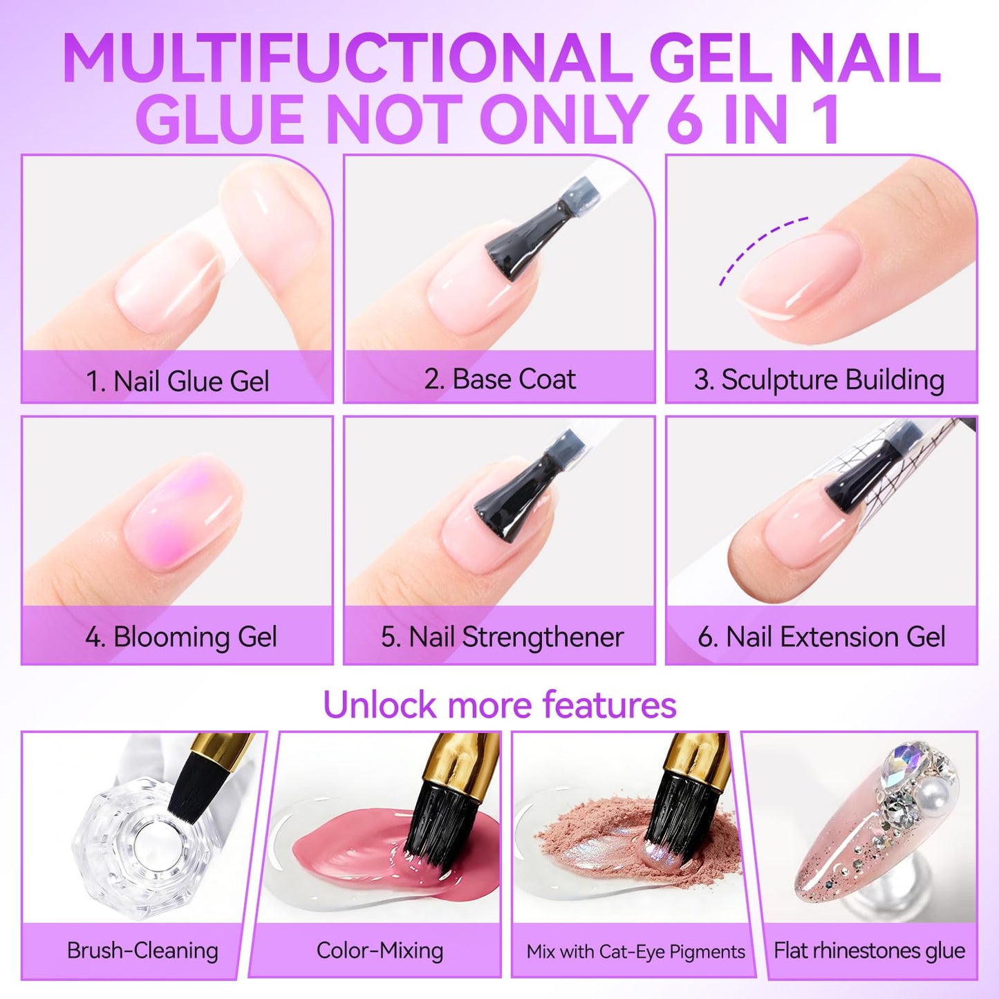 Gelike EC 6 in 1 Nail Glue Gel: 2 Pcs Gel Nail Polish for Press on Nails - Nail Glue Strong Easy and Long Last for False Acrylic Tip - Base Coat for Salon Home Polish