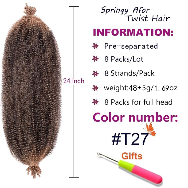 ZRQ 24 Inch Springy Afro Twist Hair 8 Packs Wine Red Marley Crochet Braiding Hair For Distressed Locs Synthetic Pre-Separated Spring Twist Hair Extension For Black Women 8 Strands/Pack (BUG#)