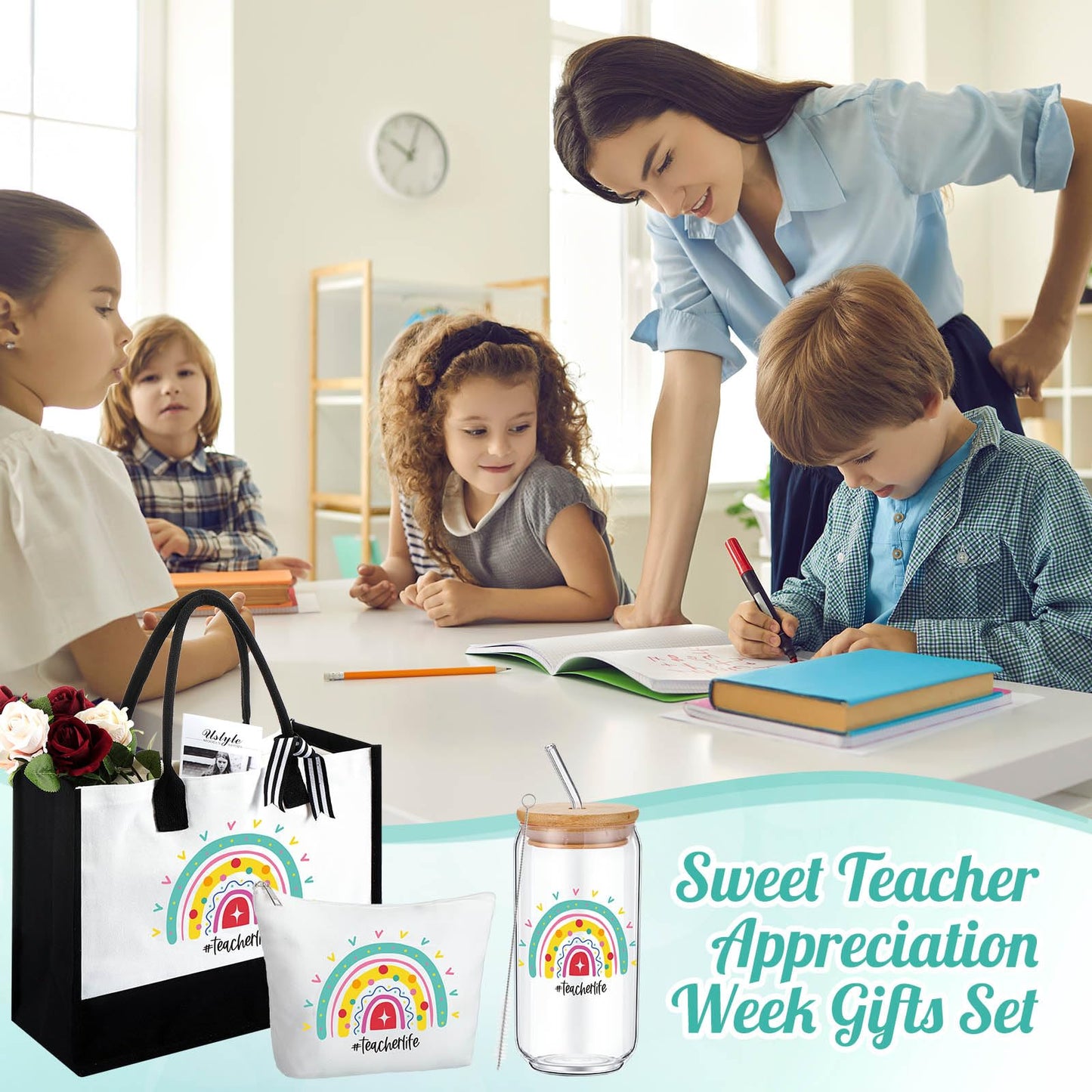 Hushee 6 Pcs Christmas Teacher Gift for Women 2 Set Appreciation Gift Include Teacher Tote Bag Tumbler and Makeup Bag(Star)