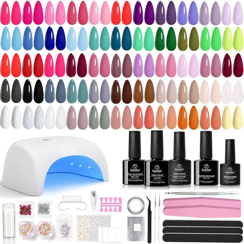 Beetles Gel Nail Polish Kit with U V Light, 55 Colors Gel Polish 81 Pcs Nail Stuff Kit for All Seasons with Base and Matte&Glossy Top Coat Color Enchantment Plus Soak Off Gifts for Women
