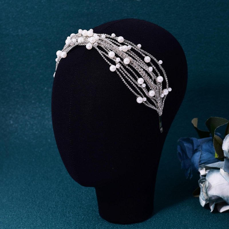 JHOO Bridal Rhinestone Pearl Hairband Women's Fashion Rhinestone Headdress Silver Wedding Pearl Headband Hair Accessories for Bride Bridesmaid Ladies HP658