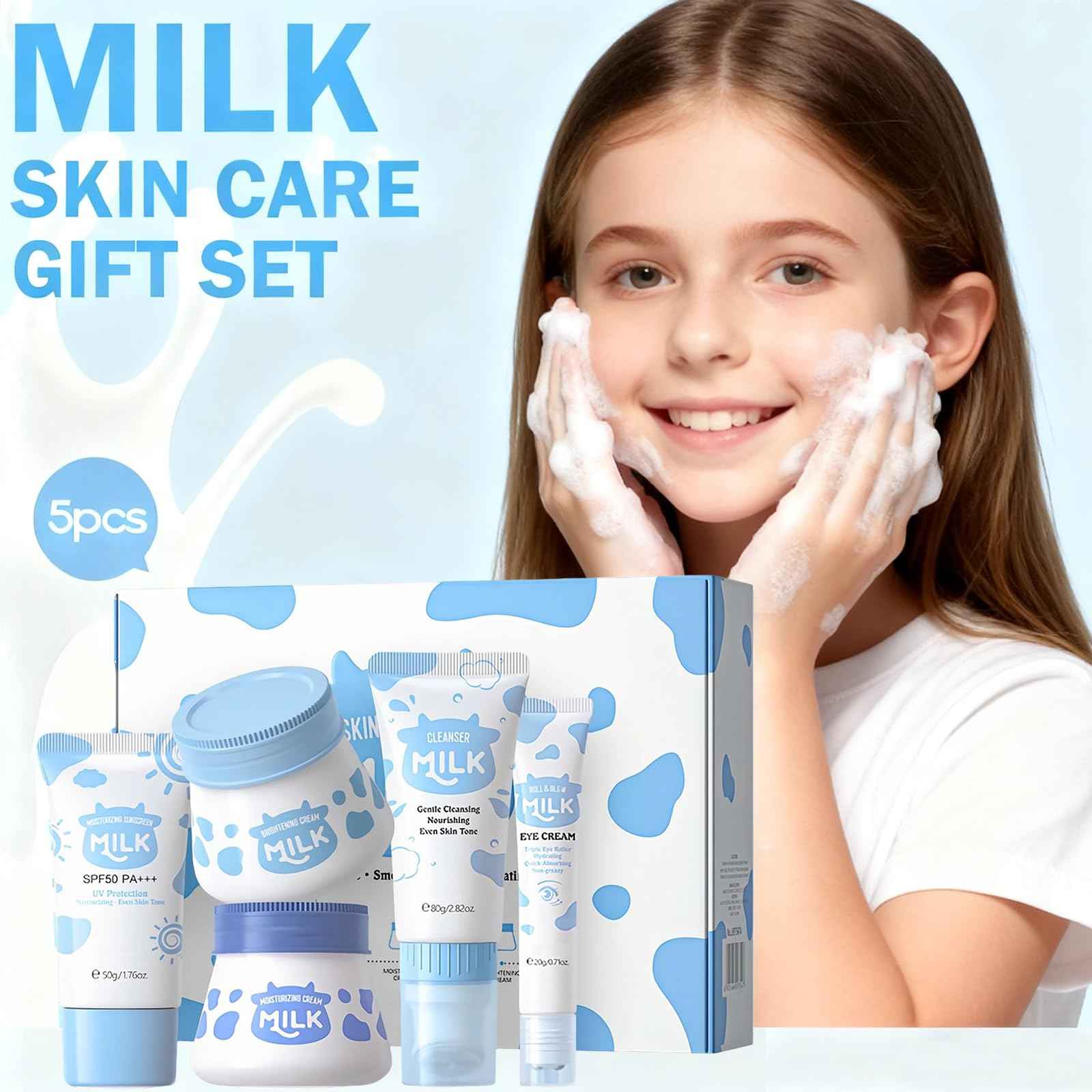 Milk Skincare Set for Kids & Teens,Milk Skin Care For Girls 10-12,5 IN 1 Skin Care For Kids,Kids Skincare Set For Girls Ages 8-12,Moisturizing & Gentle Skin Care For Kids Teens Facial Gifts Sets