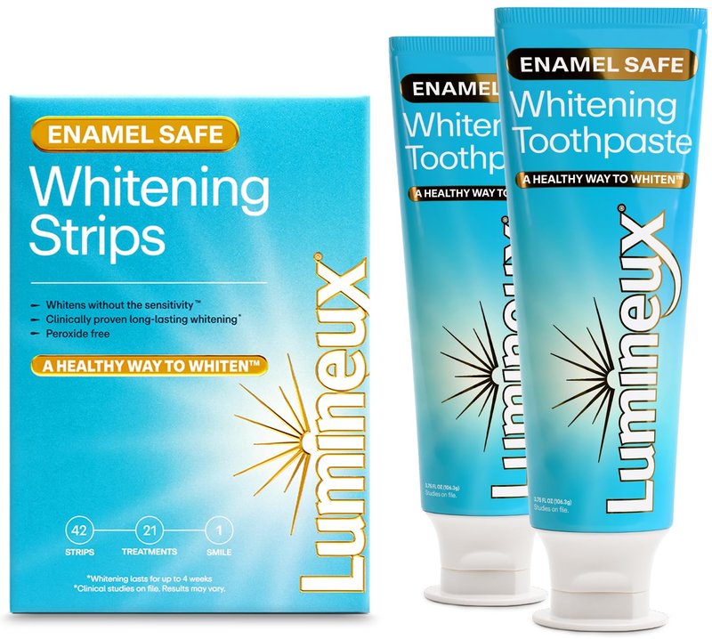 Lumineux Whitening Duo Set – Peroxide Free - Enamel Safe for Whiter Teeth – Includes 21 Whitening Treatments & 2 Pack Whitening Toothpaste Certified Non-Toxic, Fluoride Free & Dentist Formulated