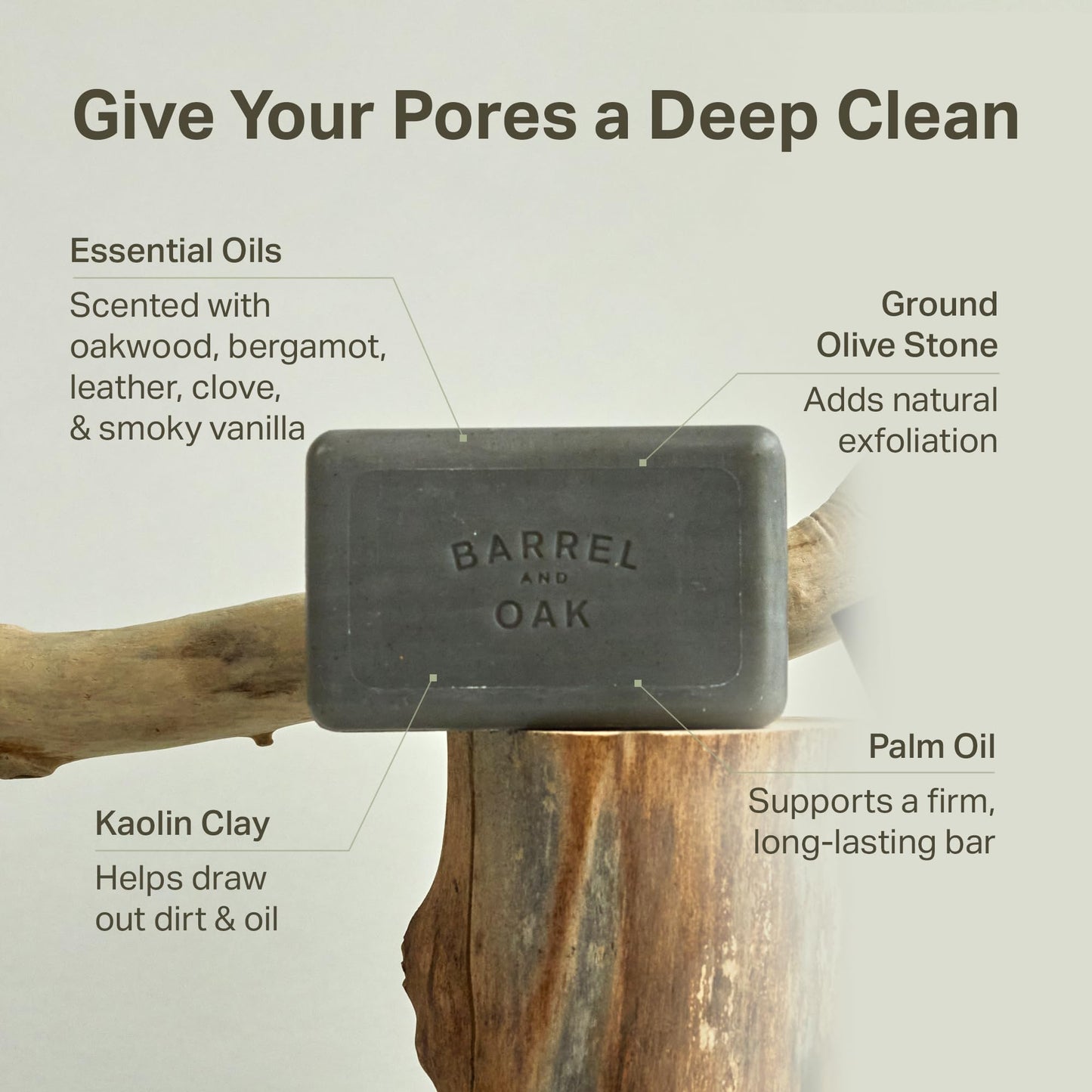 Barrel & Oak Exfoliating Bar Soap for Men, Kaolin Clay with Charcoal, Walnut Shell Powder, Olive Stone, and Essential Oils, Long-Lasting Bar Soap, Vegan, SLS-Free, Black Oak, 3-Pack