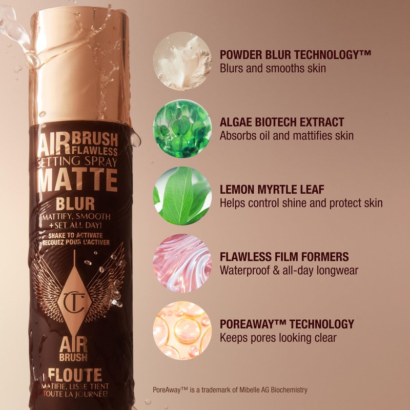 Charlotte Tilbury Airbrush Flawless Matte Setting Spray – Ulta-Fine Mist to Prime & Set Makeup Up to 16Hr – Oil and Shine Control with Blurring Matte Finish, Humidity & Waterproof
