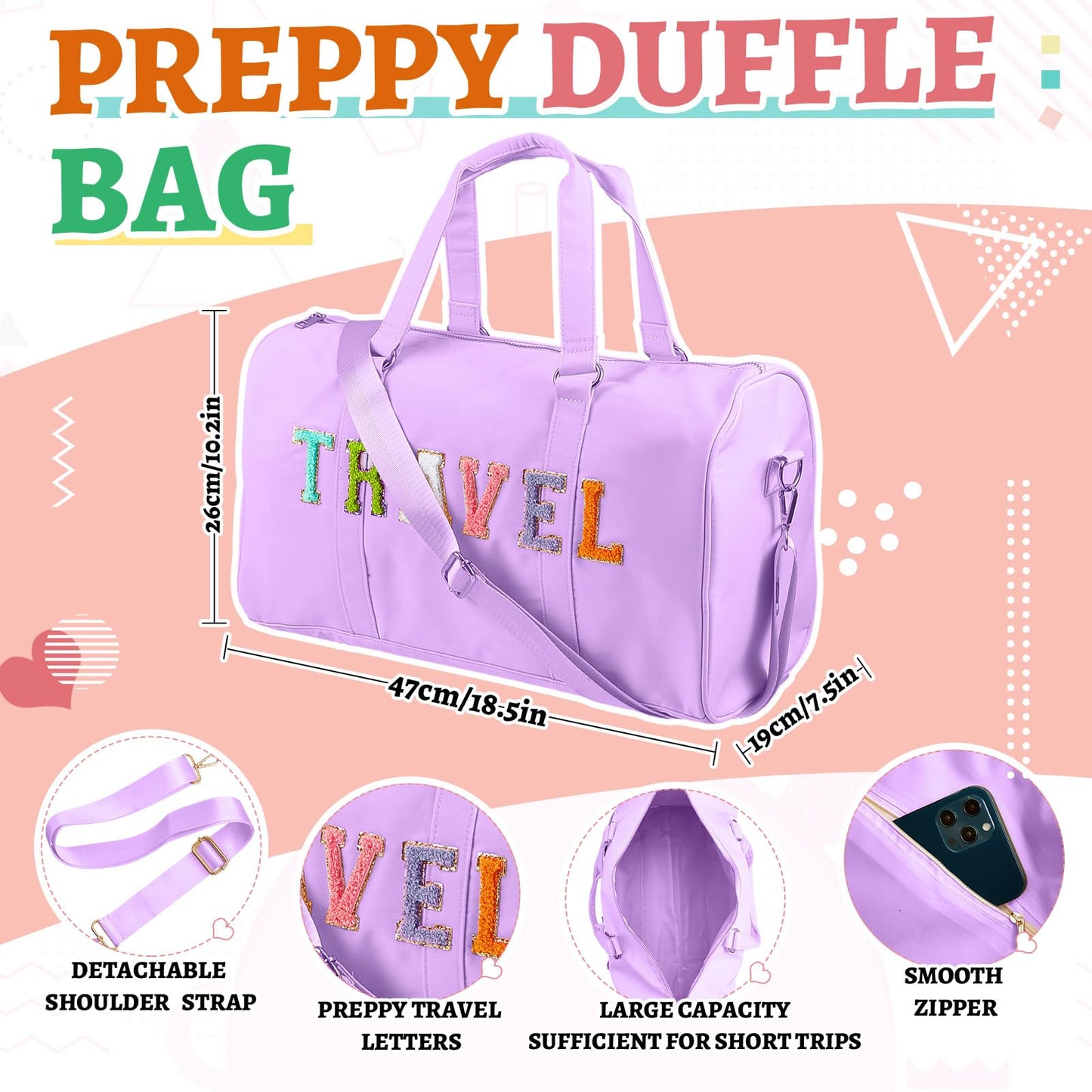 Shinylin 2 Pcs Travel Preppy Duffle Bag and Chenille Letter Makeup Pouch Cosmetic Zipper Patch Weekender Carry on Tote Bag for Women(Light Purple)