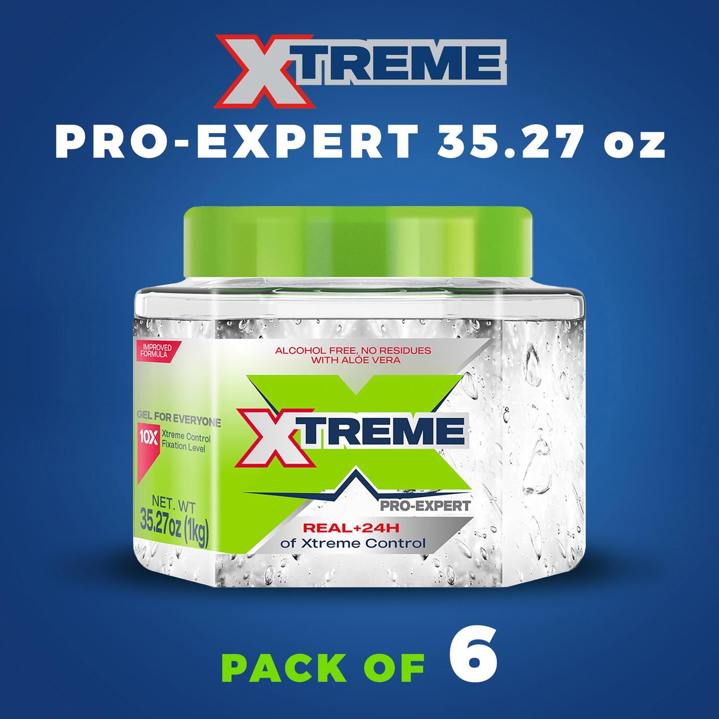 Xtreme Pro-Expert Clear Styling Hair Gel, Alcohol-Free 24-Hours Extreme Control with Aloe Vera, 35.27 oz Jar (Pack of 6)