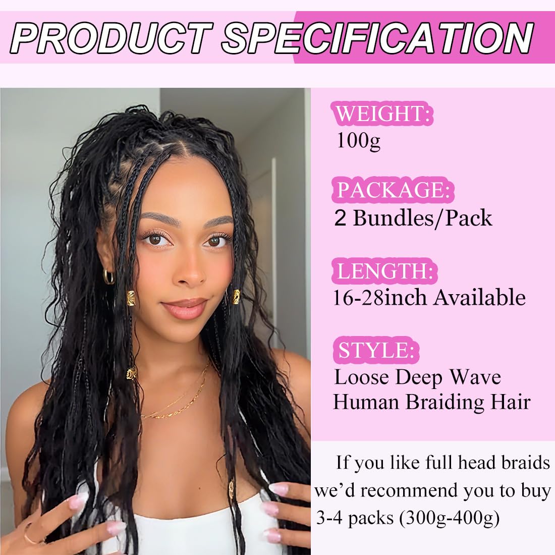 Human Braiding Hair 2 Bundles 100g 20 Inch Deep Wave Bulk 100% Human Hair for Braiding No Weft 12A Brazilian Virgin Human Hair Extensions for Boho Braids Natural Black