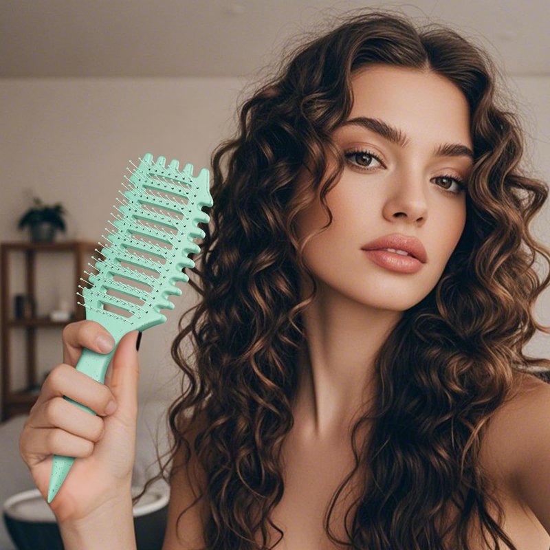Curly Hair Brush for Women & Men, 4-in-1 Curl Defining & Detangling Brush – Anti-Frizz Anti-Static Styling Brushes with Crescent Shape & Ultra-Smooth Bristles, Wet Dry Hairbrush (Green)