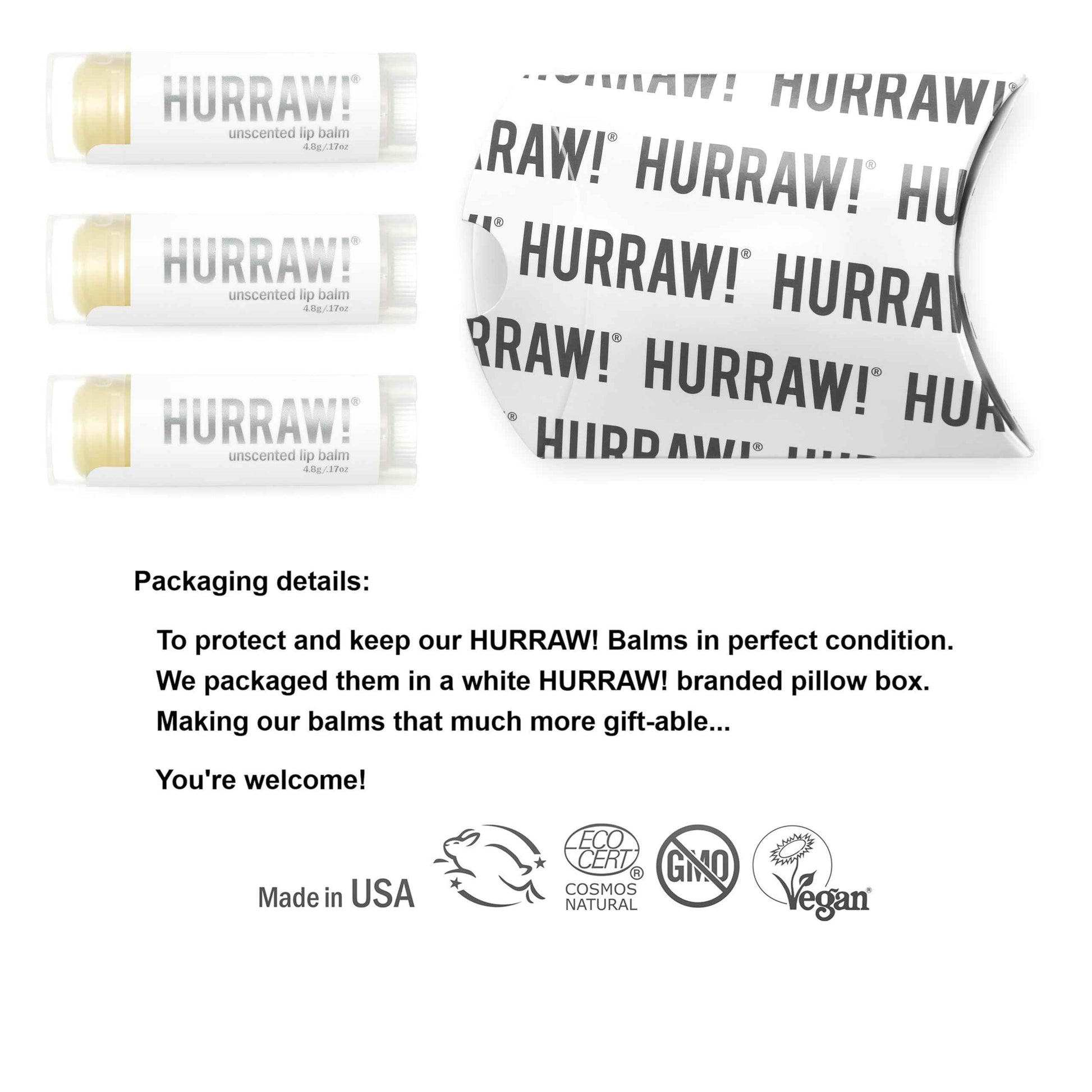 Hurraw! Unscented Lip Balm, 3 Pack: Organic, Certified Vegan, Cruelty and Gluten Free. Non-GMO, 100% Natural Ingredients. Bee, Shea, Soy and Palm Free. Made in USA