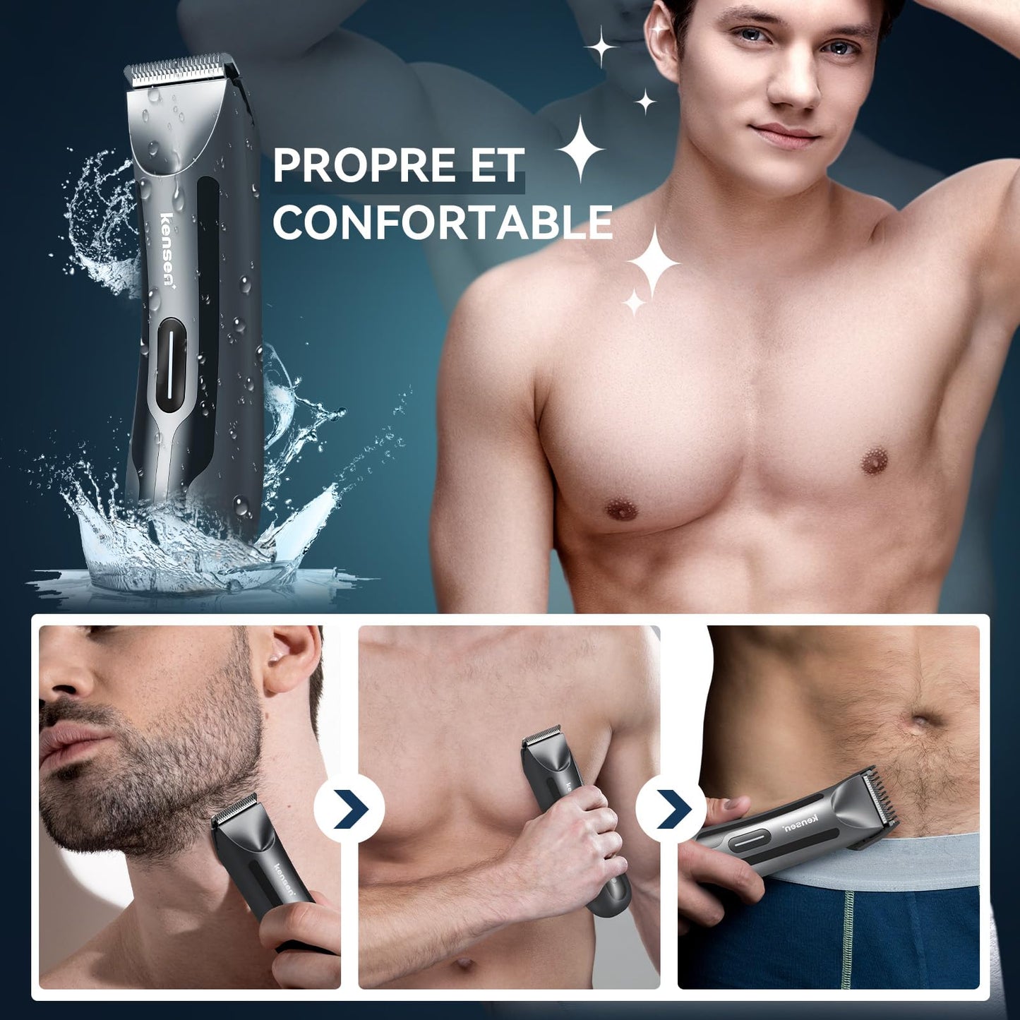 kensen Body Hair Trimmer for Men - Manscape Electric Shavers for Men, Rechargeable Pubic Hair Trimmer with Replaceable Ceramic Blade Head IPX7 Waterproof Wet/Dry Groin Trimmers Ball Shaver (Black)