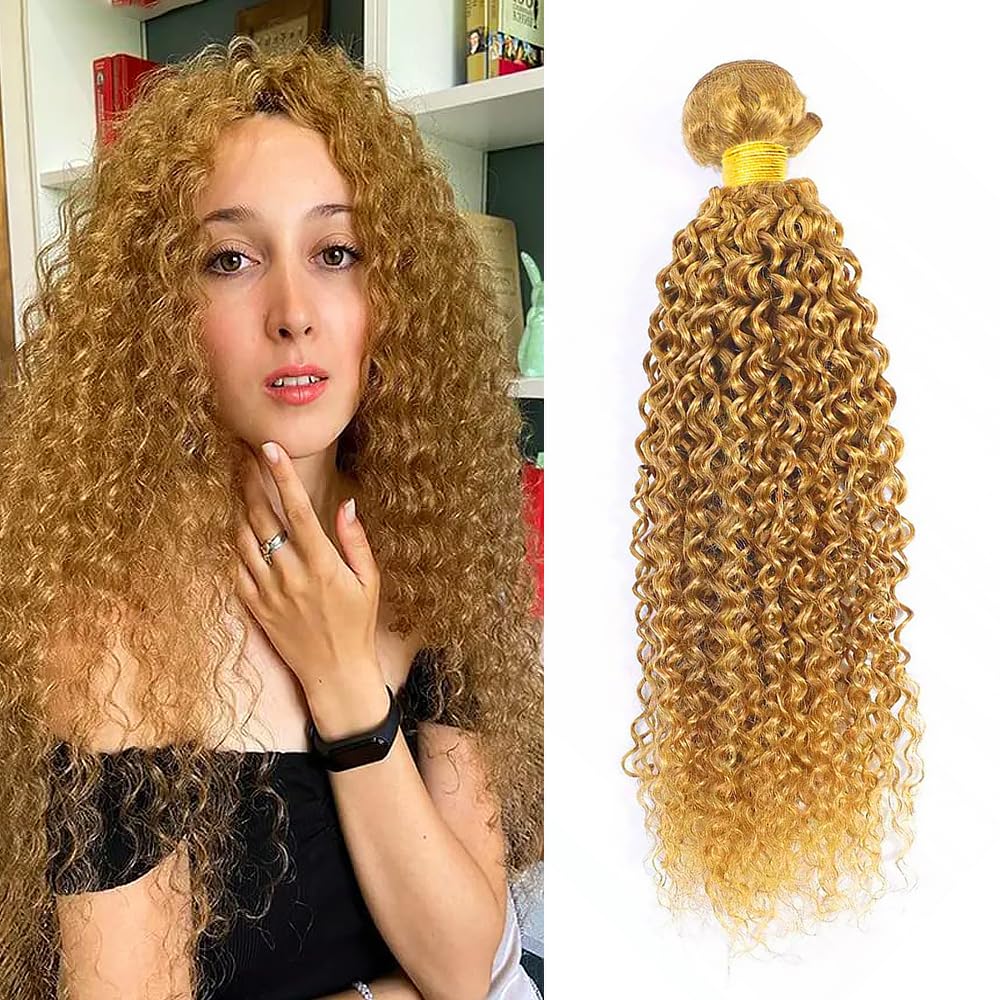 Honey Blonde Human Hair Bundles 14 16 18 Inch Kinky Curly Wave Bundles Human Hair Unprocessed Native Virgin Hair 100/PC 3 Extensions #27 Blonde Color Wet and Wavy Human Hair Extensions for Women