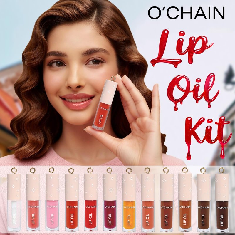 O'CHAIN 12 Colors Lip Oil Set with Portable Keychain, High Shine & Moisturizing, Long Lasting Wear, Deep Hydrating Nourishing Lip Care and Repair Kit for Women and Girls