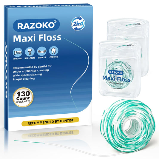 RAZOKO Threader Floss for Braces,Implants and Wide Tooth Gaps-130 Count Pre-Measured Strands 2-in-1 Expanding Waxed Dental Floss for Deep Clean,Gentle for Adults & Kids,Light Mint Flavored
