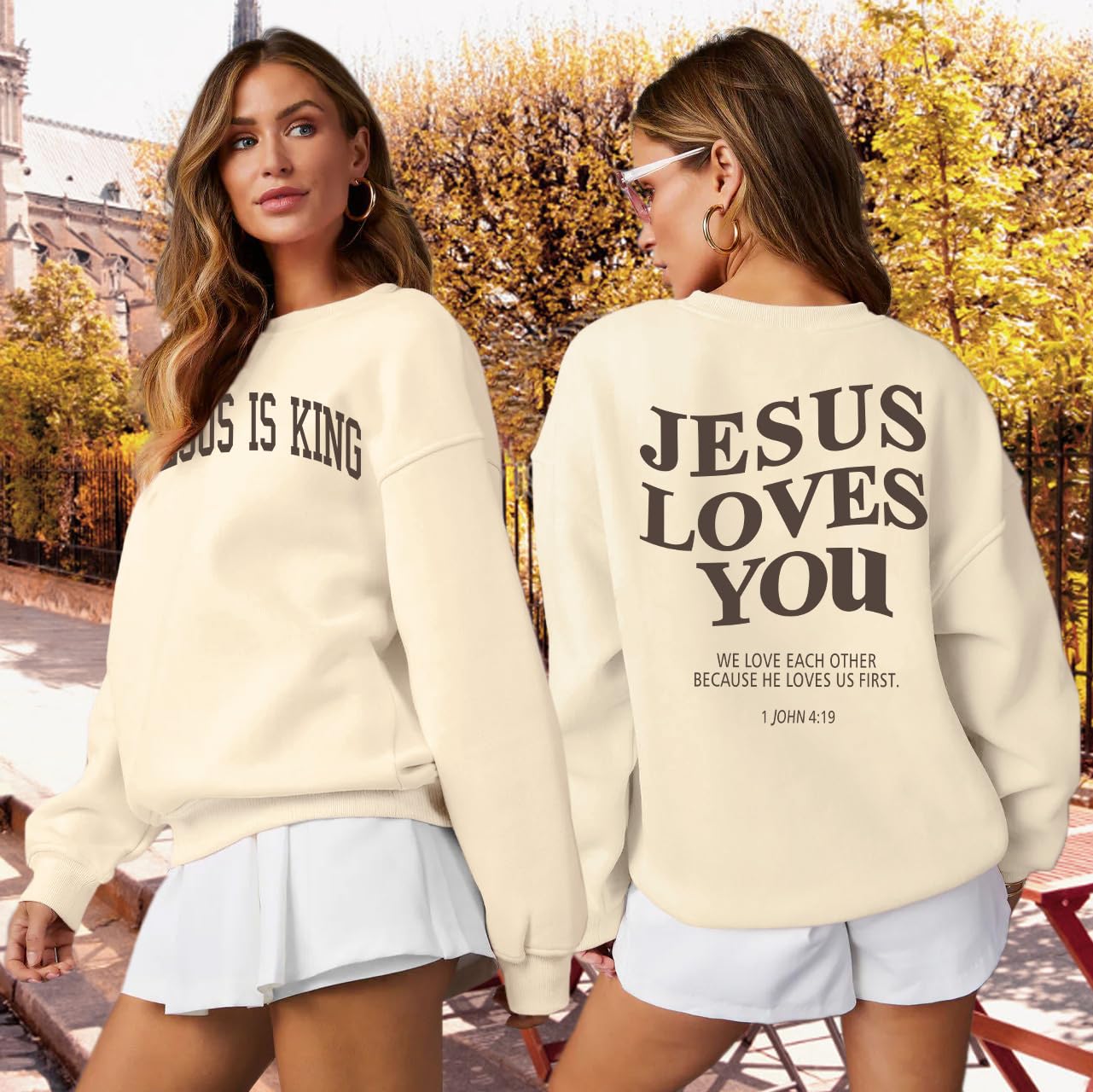 Zylkor Christian Sweatshirts for Women Jesus is King Letter Sweatshirt Jesus Loves You Sweater Beige