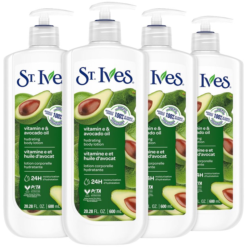 St. Ives Hand & Body Lotion, Hydrating Vitamin E & Avocado Oil 4-Pack – 24H Moisturizer for Dry Skin, 20.28 Oz Ea