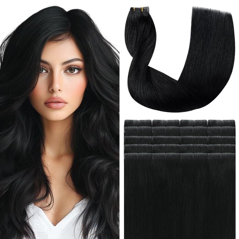 SURNEL Injected Tape in Hair Extensions 14 Inch Natural Real Human Hair Extension Jet Black Upgraded Seamless Remy Invisible Tape in Extensions 20Pcs 30g(#1,14)