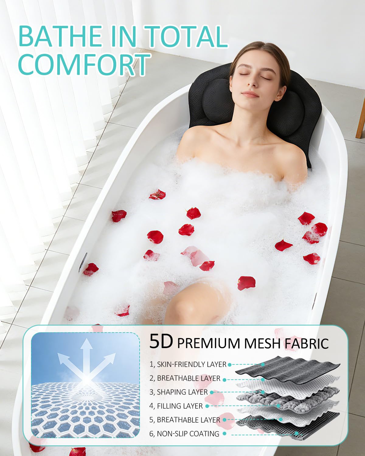 Full Body Bath Pillow for Bathtub, 5D Thick Tub Pillow for Bathtub with 192 Non-Slip Suction Cups, Laundry Bag & Hook, Bathtub Pillow for Head, Neck & Back Support (Black, 51"*15")