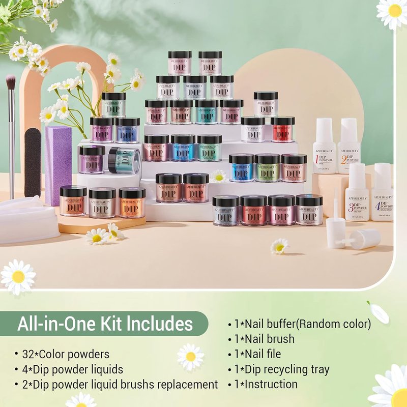 Azurebeauty 42-Piece Dip Powder Nail Kit - 32 Color Set for French Art Manicure | Includes Top/Base Coat & Recycling Tray