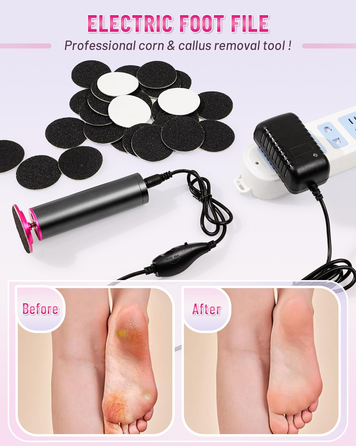 DERMAWAVE FSA&HSA Electric Callus Remover for Feet with 60 Sandpaper Discs, Adjustable Speed Professional Foot File Electric Heel Grinder Sander Pedicure Tool for Dead Skin