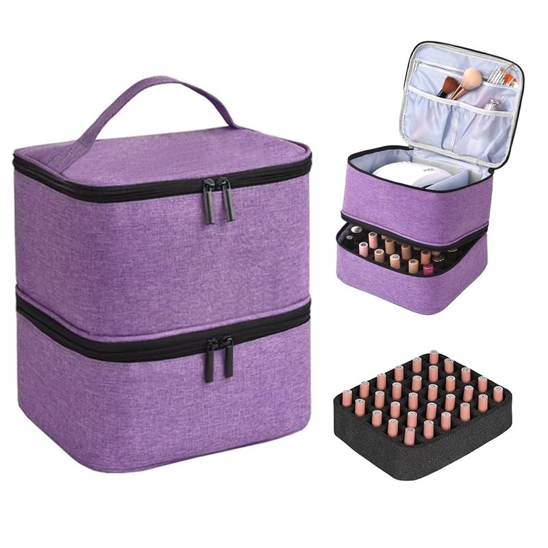 Nail Polish Organizer - Double-Layer Storage for 30 Bottles & Lamp | Portable Purple Travel Case with Handle