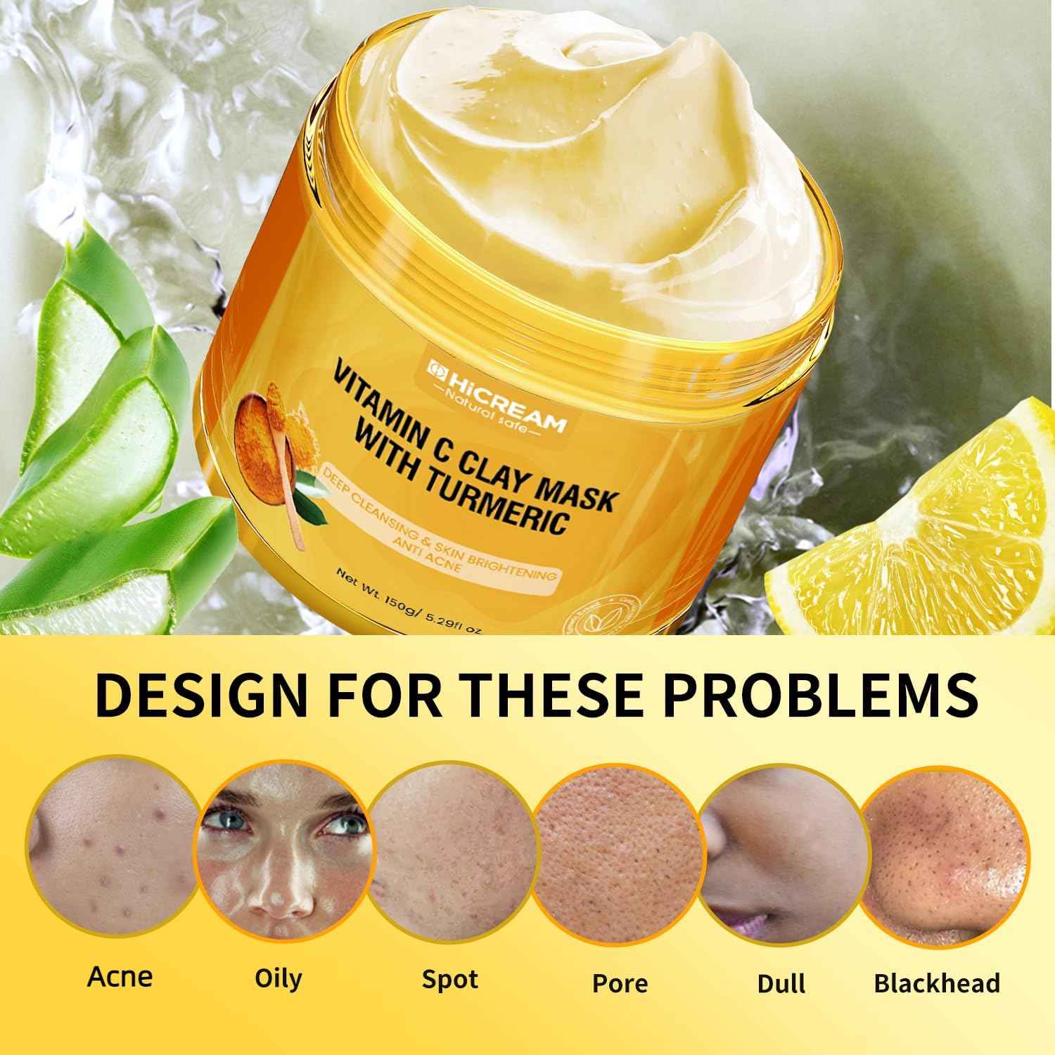 Hicream Turmeric Vitamin C Clay Mask with Kaolin Clay and Turmeric for Dark Spots, Dull Skin, Skincare Facial Mask for Controlling Oil and Refining Pores 5.29 Oz (yellow)