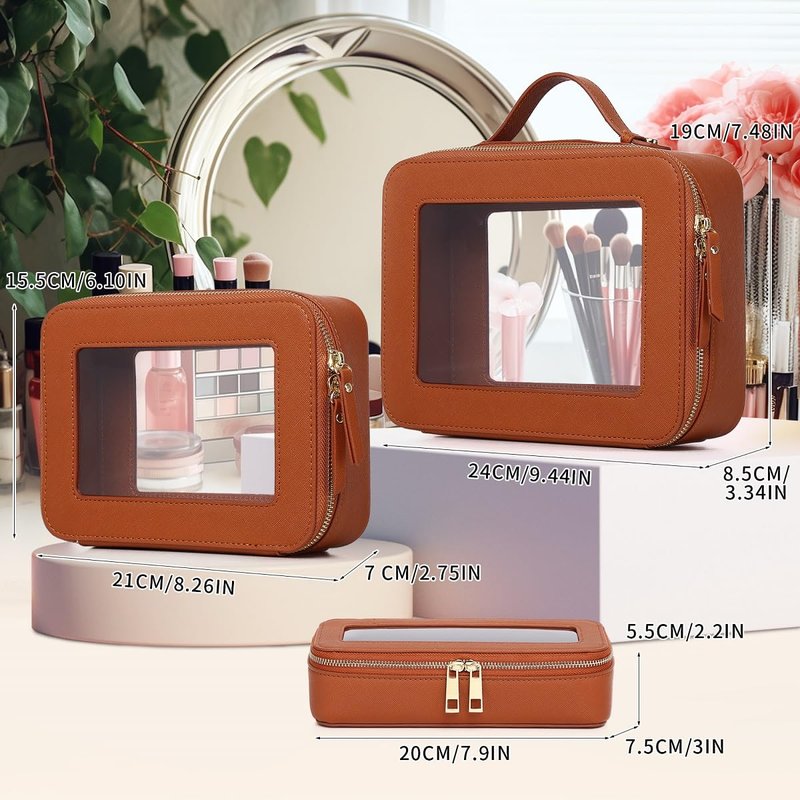 Pinkmik Clear Makeup Bag with Brush Bag 3pcs Waterproof Travel Case for Cosmetics and Toiletries Women's Makeup Organizer with Zipper (X/Brown, L+M+SLIM)