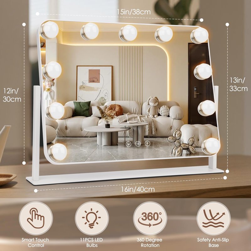 DenCert 360° Vanity Mirror with Lights 11 Led Bulbs Hollywood Lighted Makeup Mirror with 5X Magnification Mirror Hollywood Cosmetic Mirror Tabletop Makeup Mirror with 3 Lighting Modes 16x13 Inch