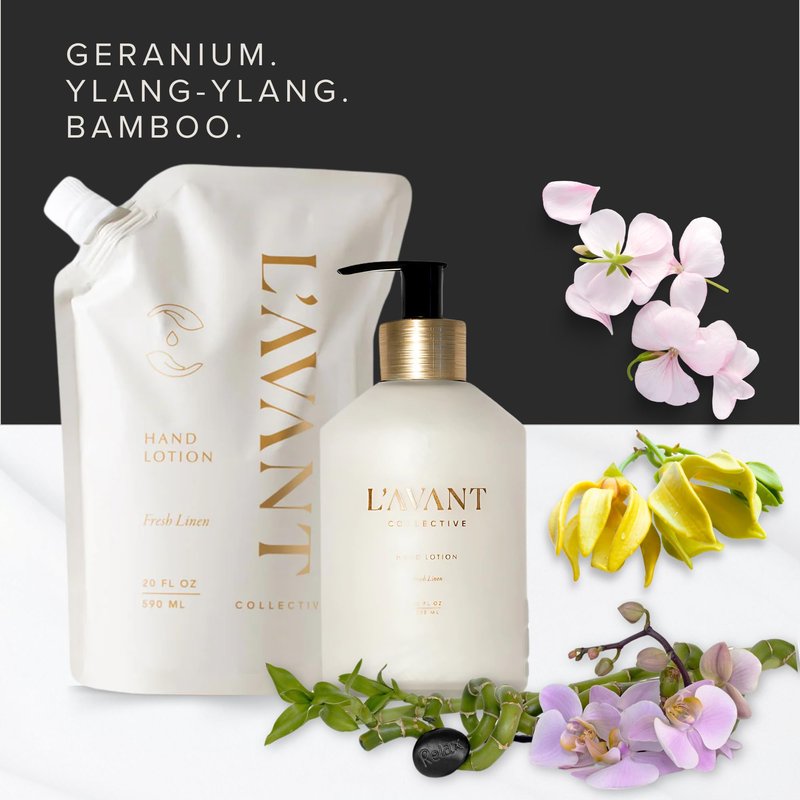 L'AVANT Collective Luxury Hand Lotion Refill | Moisturizing Plant-Based Hand Cream Refill, Non-Toxic, Lightweight Formula, Refills Glass Bottle Twice | 20 Fl Oz | Fresh Linen
