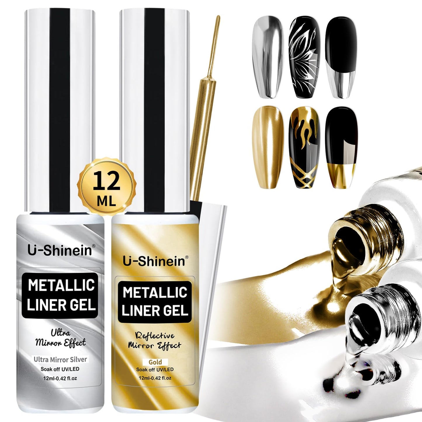 U-Shinein 2x12ml Metallic Mirror Nail Polish, Ultra Mirror Silver & Gold Metal Painted Drawing with Thin Brush, Chrome Gel Polish Nail Art Gel Liner Soak Off DIY