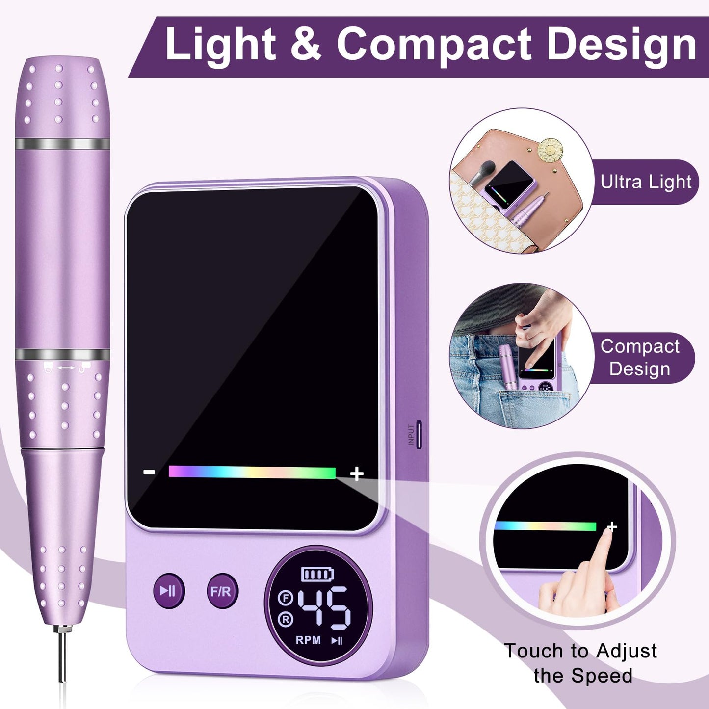 Urbuti Electric Nail Drill Professional 45000RPM, Portable Smart Touch Display Electric Nail File, 4000mAh Rechargeable Nail Drill Kit for Remover Acrylic & Gel Nails Manicure for Salon Home