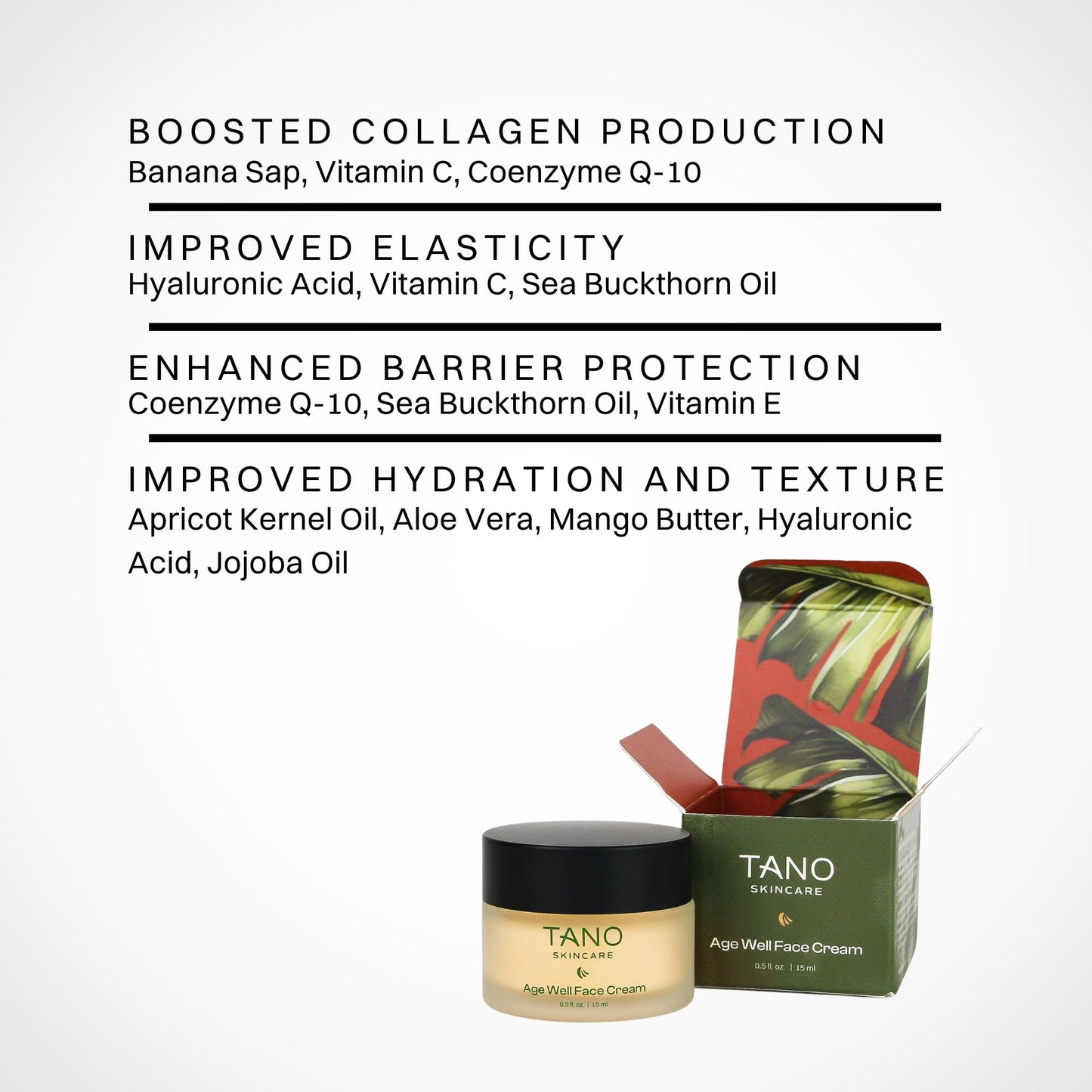 Tano Age Well Face Cream – Retinol Alternative with Banana Sap, Hyaluronic Acid, Vitamin C – Reduces Wrinkles, Firms Skin, Boosts Collagen – Fragrance Free, EU Clean, Travel Size 0.5oz