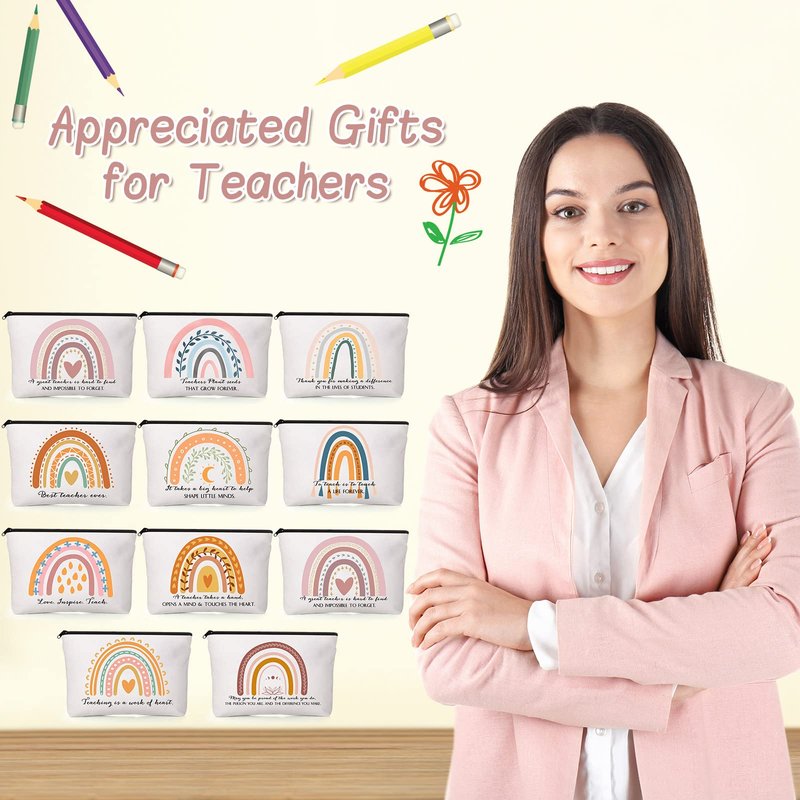 Coume 30 Pcs Teacher Appreciation Gifts Bulk for Women Inspirational Rainbow Canvas Makeup Bags Thank You Cosmetic Bags for End of Year Teacher Employee Coworker Gifts, 10 Styles(Elegant)