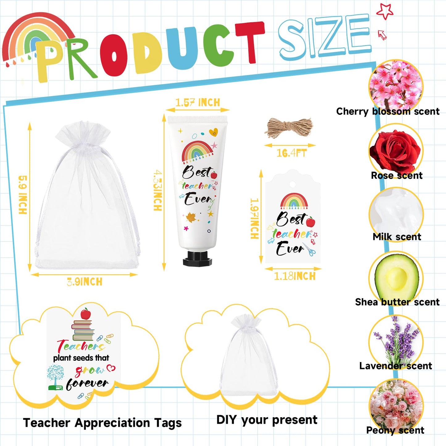 Dimsile 24 Set Teacher Appreciation Gifts Hand Cream Set Moisturizing Hand Lotion Thank You Teacher Gifts Travel Size with Cards Organza Bags for Dry Cracked Mother's Day