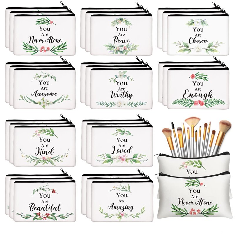 Irenare 30 Pcs Inspirational Cosmetic Bags Bulk Motivational Quote Floral Canvas Makeup Zipper Pouch, Church Mothers Day Gifts for Women Christian Appreciation Gifts for Mom Friends Coworkers Employee