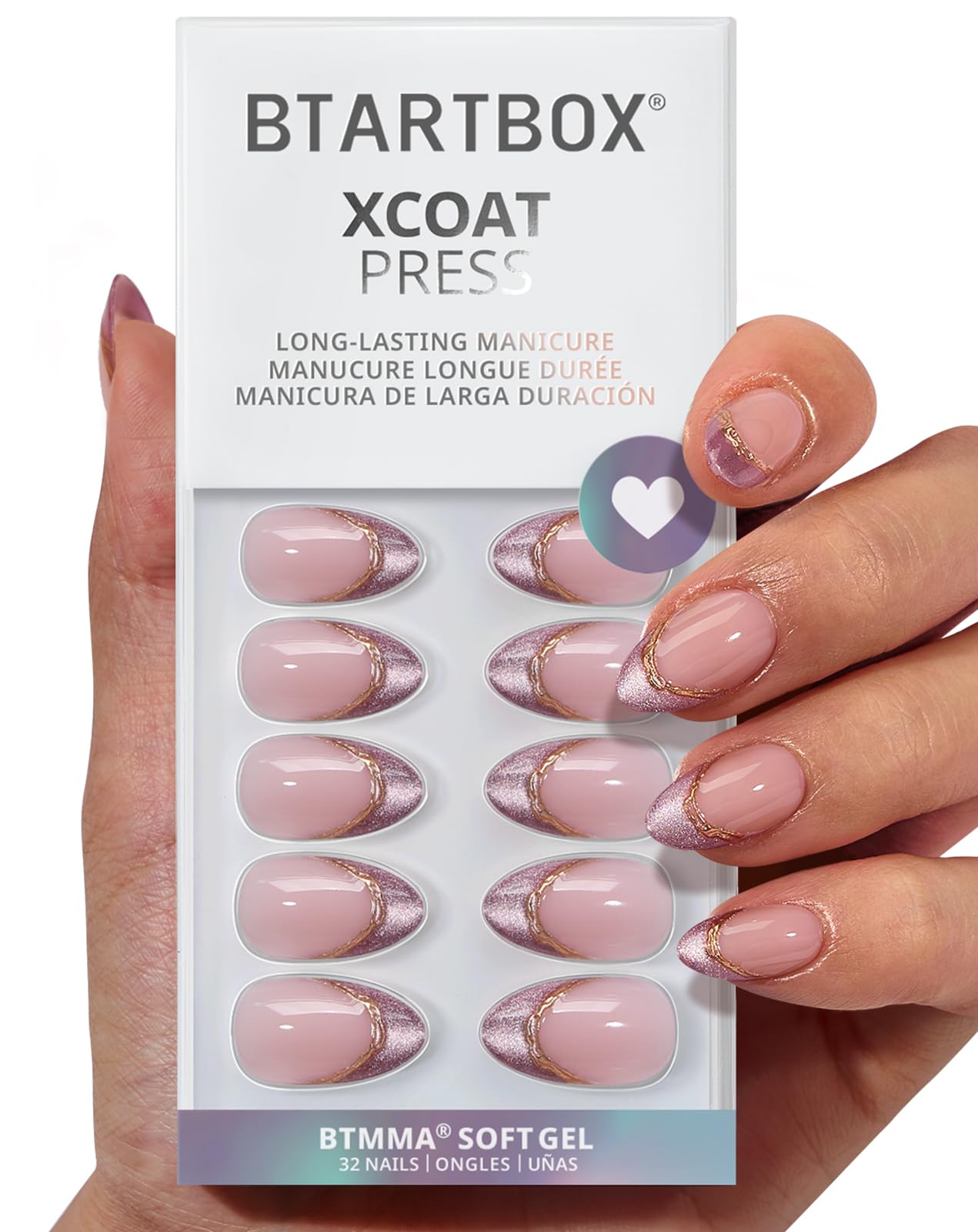 BTArtbox Press On Nails, Pink Aurora, Short Almond, Purple French Tip, 32Ct