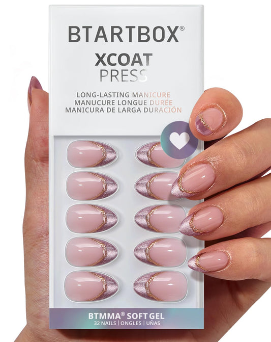 BTArtbox Press On Nails, Pink Aurora, Short Almond, Purple French Tip, 32Ct