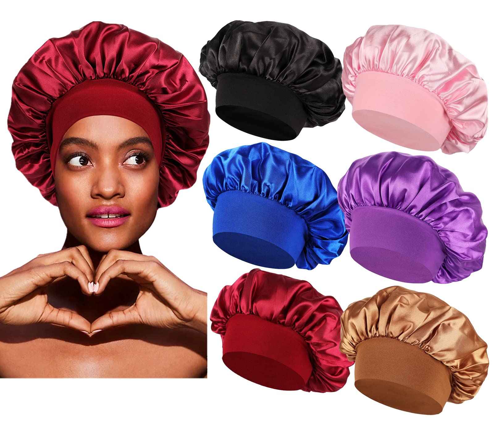 6 PCS Satin Hair Bonnet for Sleeping,Bonnets for Women,Silky Sleep Cap for Curly Hair for Men and Women