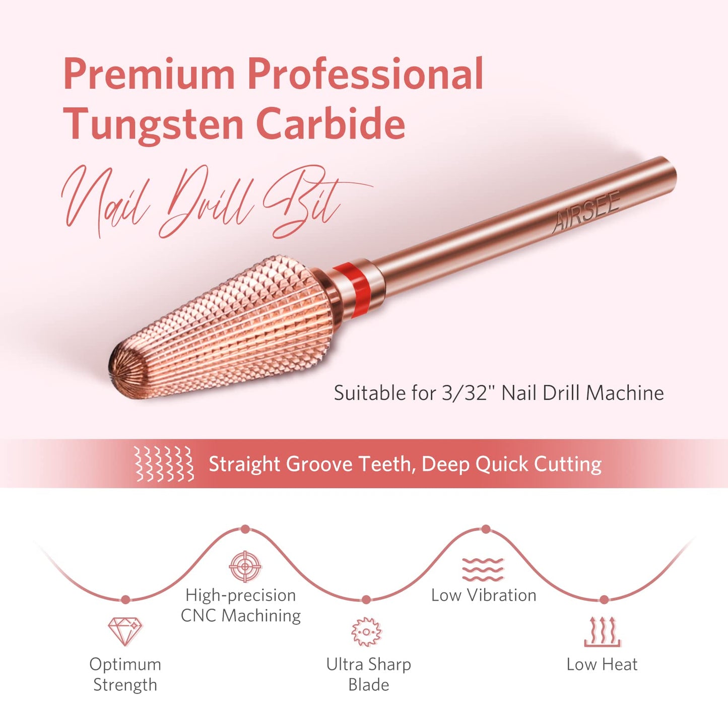 AIRSEE Tungsten Carbide Acrylic Nail Drill Bit Efile Electric File Machine Head Tips for Manicure Polishing Fast Remove Gel 3/32" Shank Right Hand Advanced Salon Tech Rose Gold Tornado Fine-F