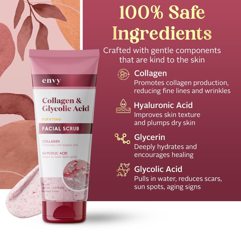 Envy Collagen & Glycolic Acid Face Scrub - Anti-Aging, Softening & Dark Spot Improving, Gentle Exfoliating Scrub - Dermatologist Tested, Clean Beauty for All Skin Types - 6.76 Oz