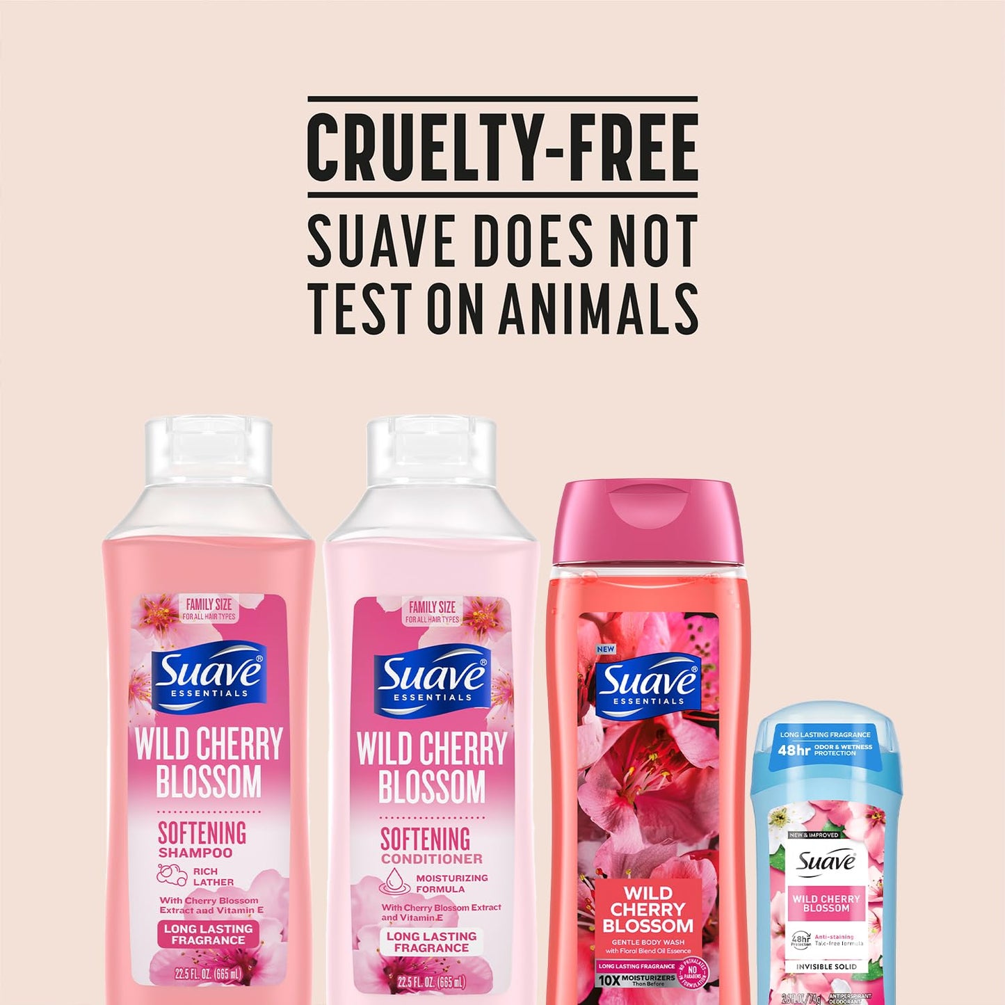 Suave Shampoo, Conditioner & Body Wash 2-Pack + Invisible Solid Antiperspirant Deodorant for Women, Wild Cherry Blossom, 48H Protection