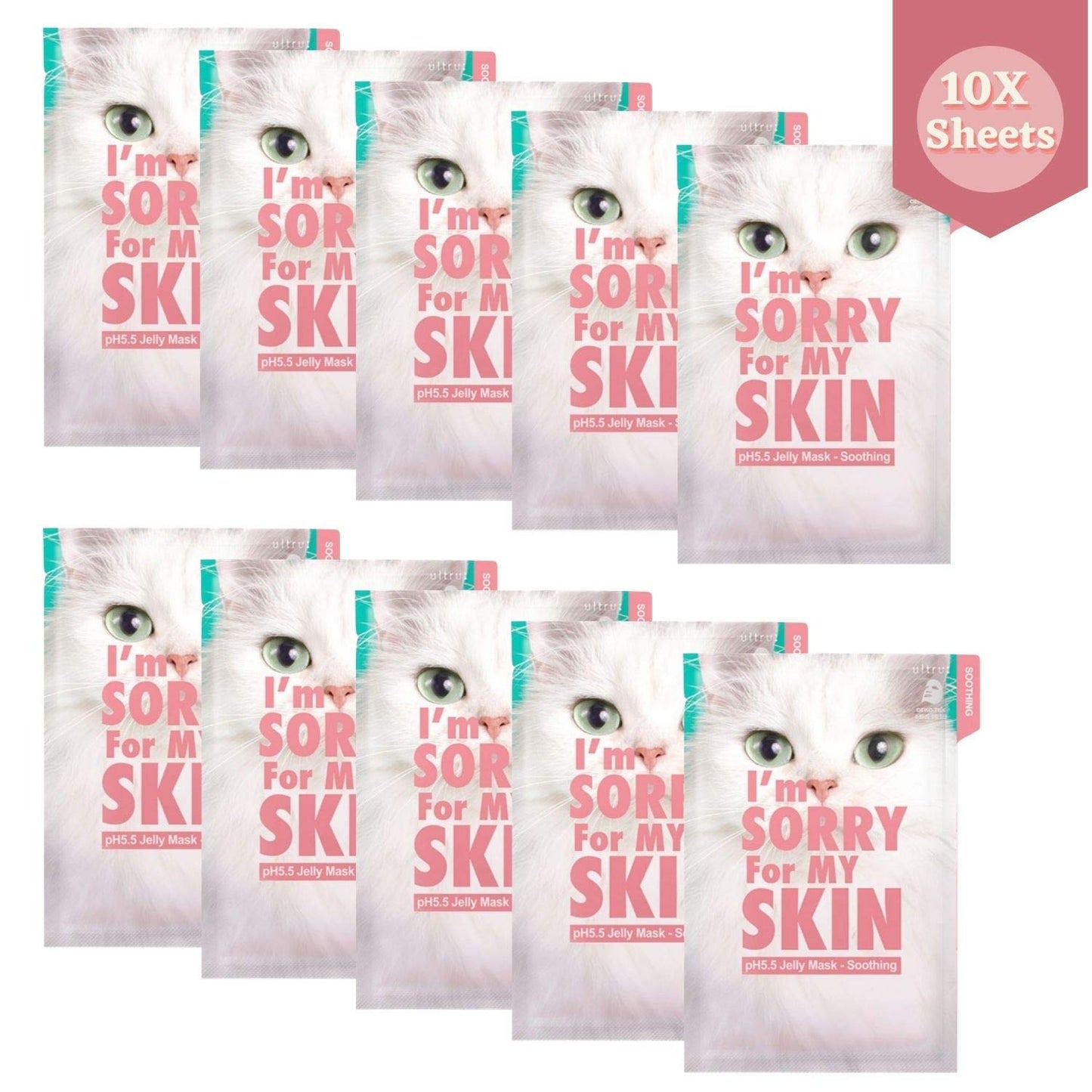 I'M SORRY FOR MY SKIN pH5.5 Jelly Face Mask Skin Care Set, Korean Skin Care Hydrating Masks, Self Care Items Beauty Gifts for Women, Pack of 10 (Soothing Fasial Mask - Cat)