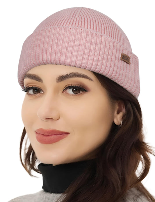 OUTDOOR SHAPING Merino Wool Short Fisherman Beanies for Men Women, Knit Cuff Trawler Beanie Cap, Winter Warm Daily Hat, Light Pink, One Size
