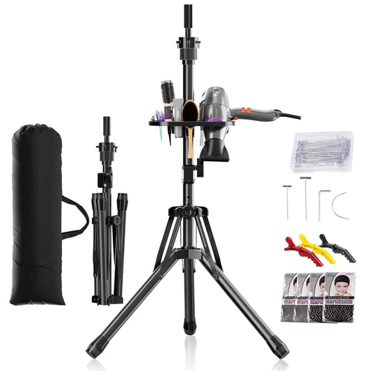EBLIKI Wig Head Stand Tripod - Reinforced Mannequin Stand, Adjustable Height 31" - 57" Wig Stand for Styling, Cosmetology Hairdressing Training with Wig Caps, T-Pins Hair Clips