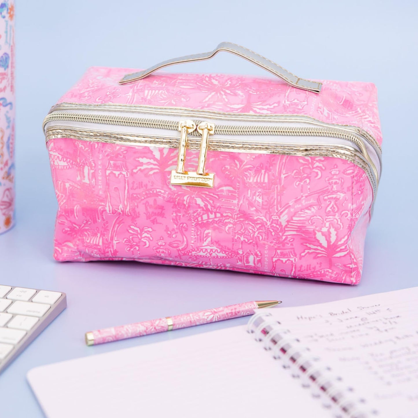 Lilly Pulitzer Travel Cosmetic Case, Lay Flat Zipper Carryall Pouch with Wipeable Lining (Palm Beach Playground)