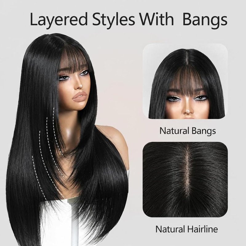 ZRLK Black Wig with Bangs Long Black Wig for Women Synthetic Heat-Resistant Hair Layered Style Hair for Daily and Party Use