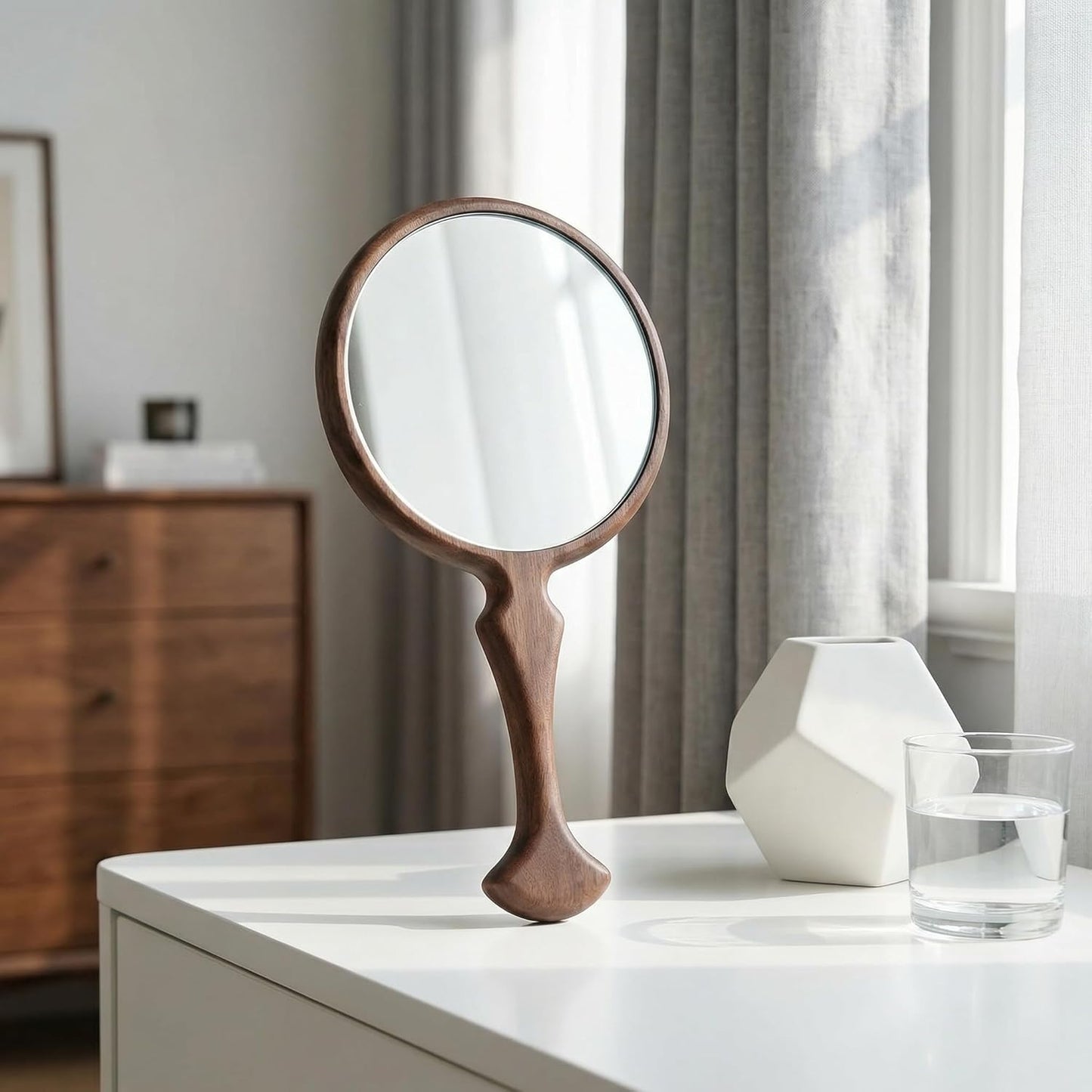 Vintage Hand Mirror - 11” L x 5.5” W | Walnut Wood, Multi-Purpose Design for Home & Travel