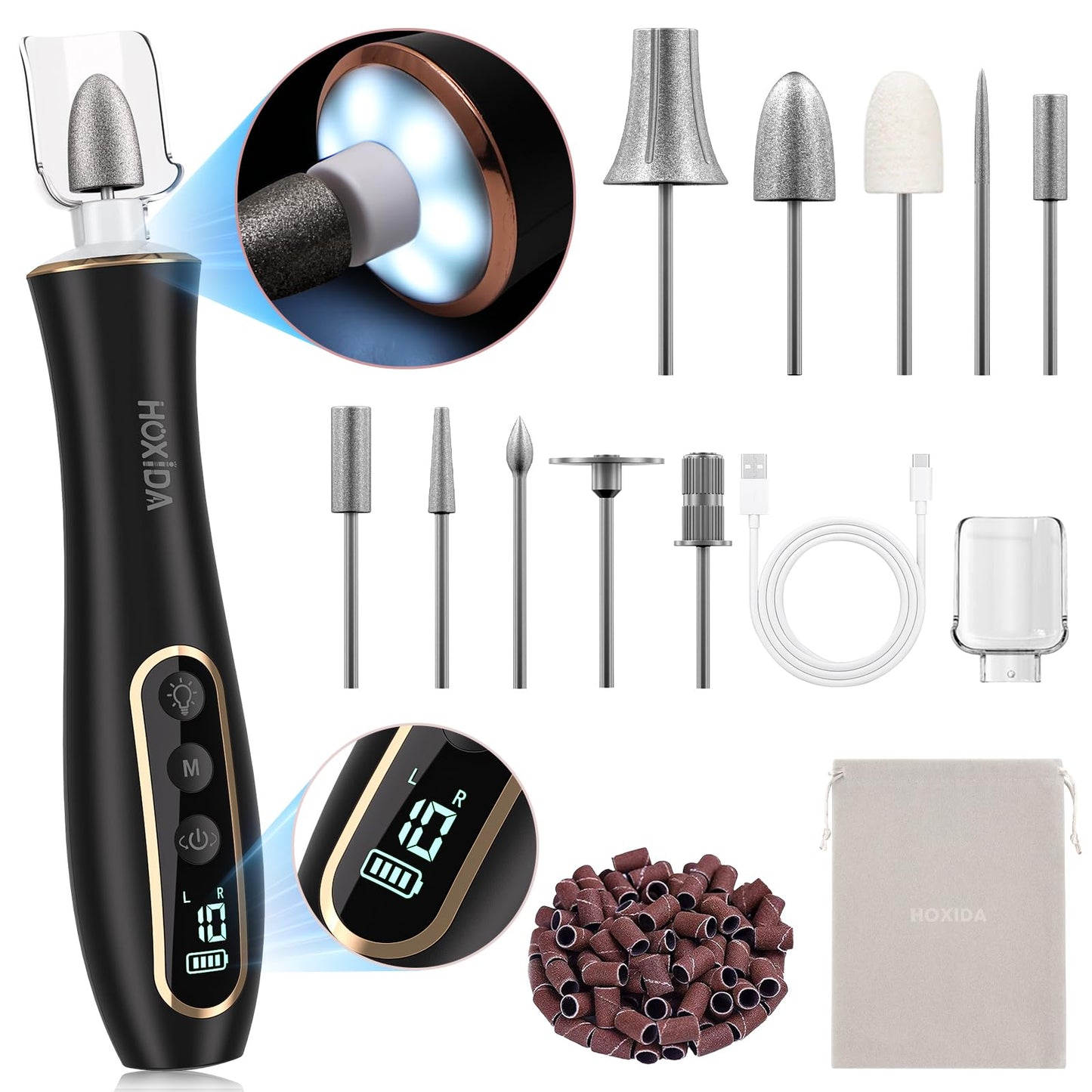 Professional Manicure Pedicure Kit with 360° LED Light&10 Speeds&Memory Mode with Case, Cordless Electric Nail Drill, Pedicure Tools for feet,Hand Foot Care Nail File for Thick Nail Toenail Cuticle