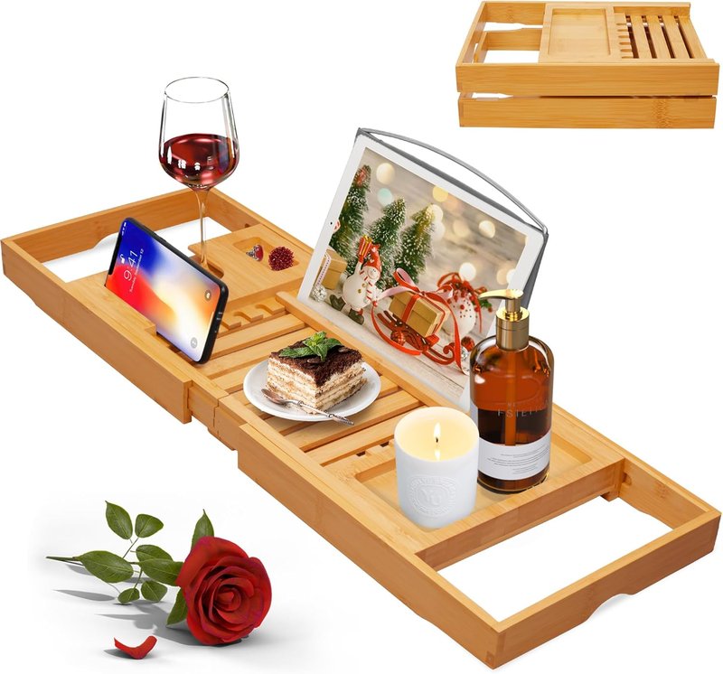 Luxury Bathtub Caddy Tray - Foldable Bamboo Bath Table with Book & Wine Glass Holder | Expandable Spa Accessory