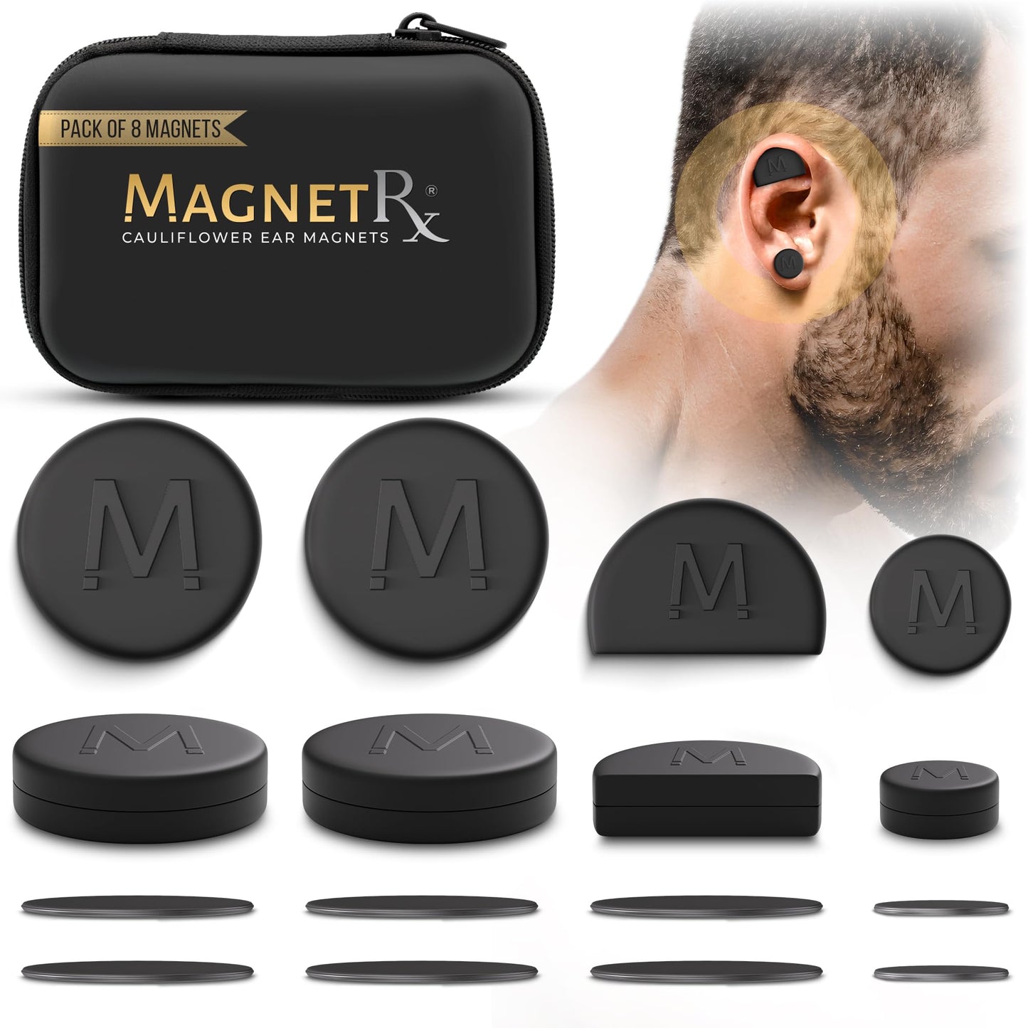 MagnetRX® Cauliflower Ear Magnets – 8 Multi–Size Magnets & Spacer with Case – Compression Ear Magnet for Cauliflower Draining, Pressure Earring for Keloids, BJJ, Wrestling & MMA Treatment & Prevention